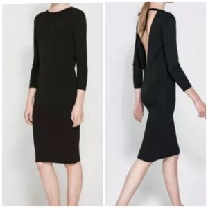 Zara  Knit 1/4 Sleeve Black Low Back Midi Dress Size Medium Bodycon